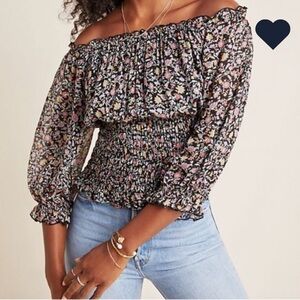 Anthropologie Lucia Of the Shoulder Floral Smocked Peasant Blouse